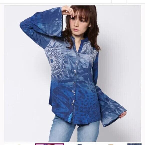 Desigual EUC Blue Embroidered Batinga Button Up Flutter Sleev Top Shirt Blouse M - Picture 2 of 10